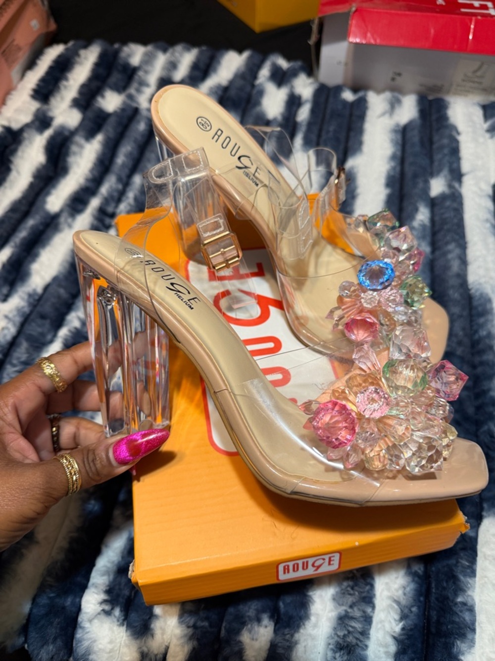 Rouge Helium Clear Block Heel Sandals with Multicolor Crystal Flowers